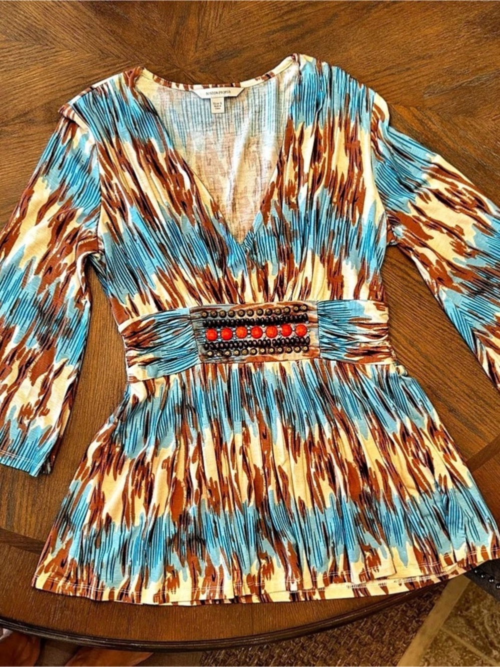 Boston Proper Abstract Bell Sleeve Blouse in Blue & Brown Size Medium Never Worn